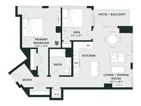 Floor plan for 1 bed, 1 bath, 872 sqft